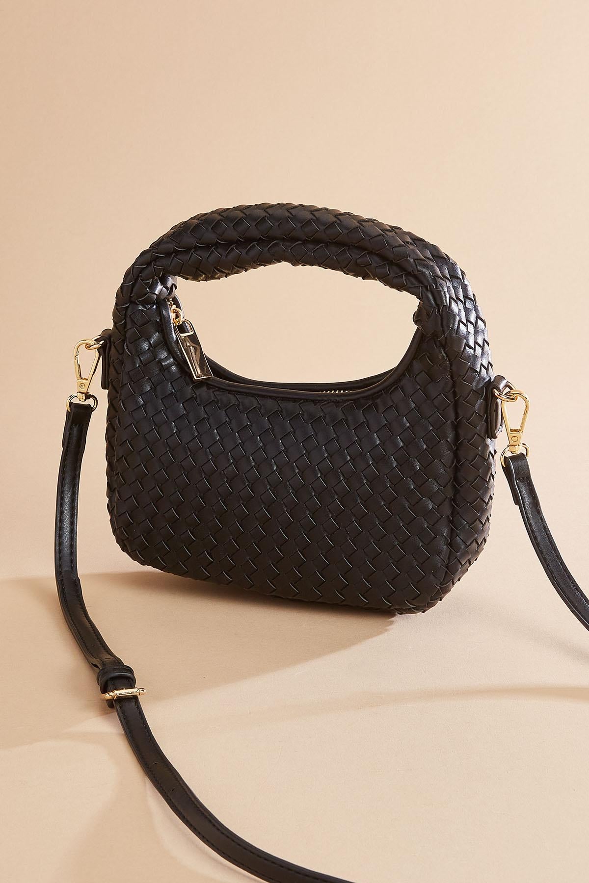 Versona faux leather woven mini crescent bag BLACK