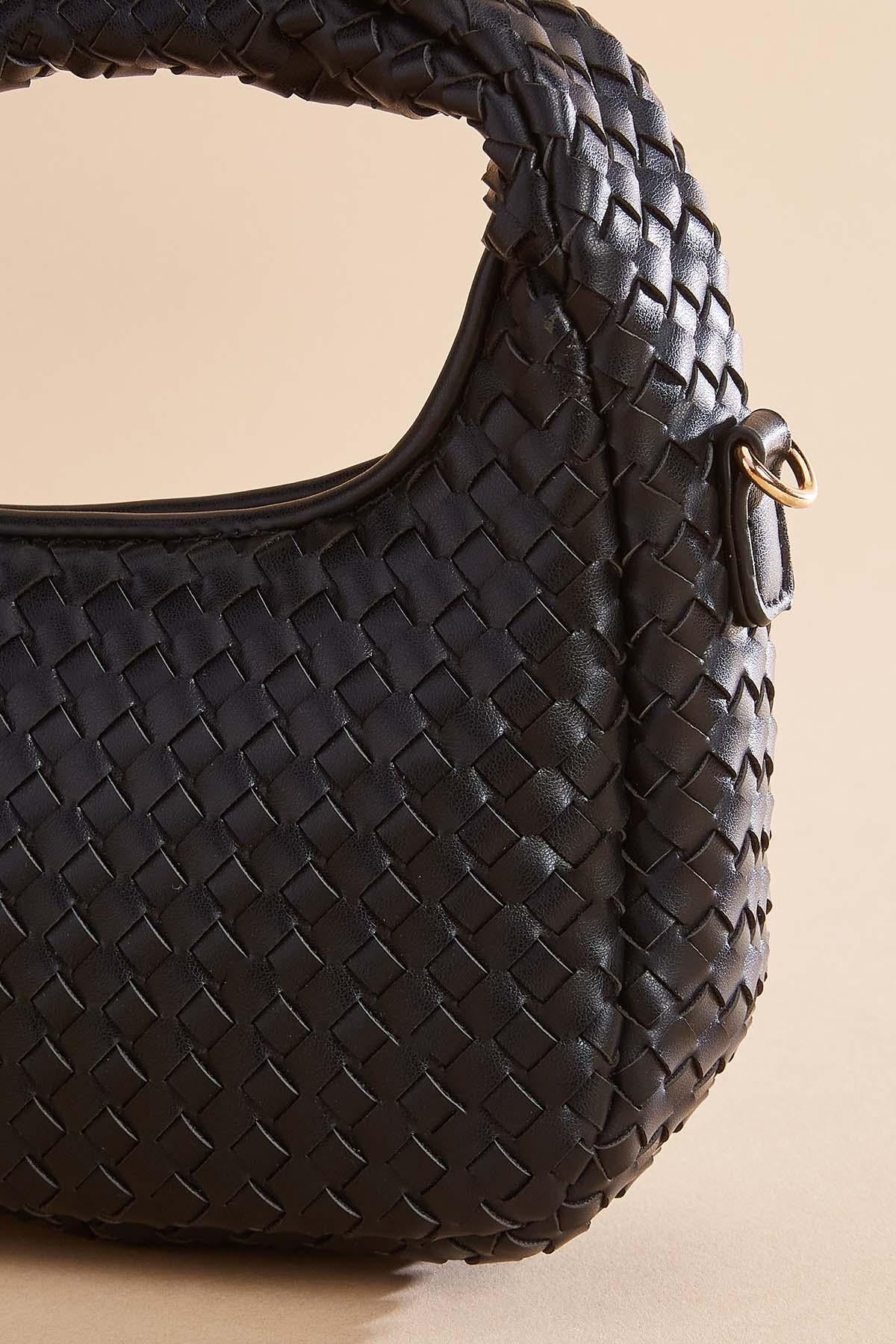 Versona faux leather woven mini crescent bag BLACK