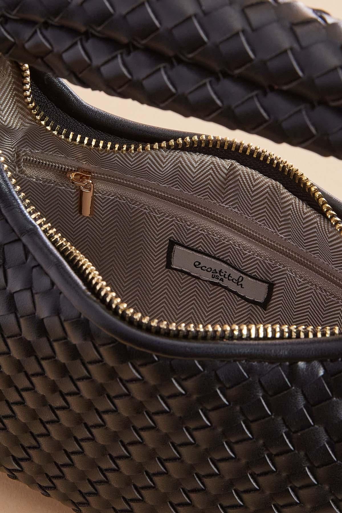 Versona faux leather woven mini crescent bag BLACK