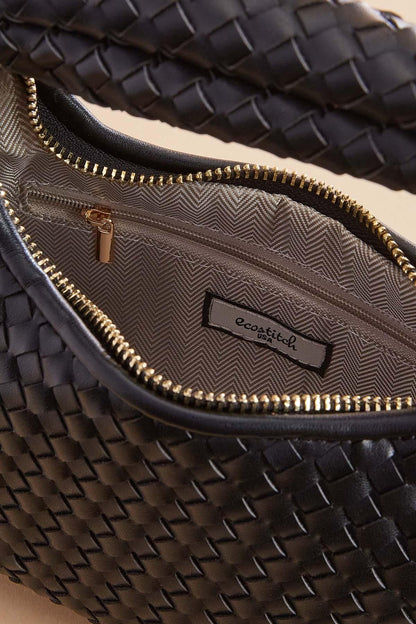 Versona faux leather woven mini crescent bag BLACK