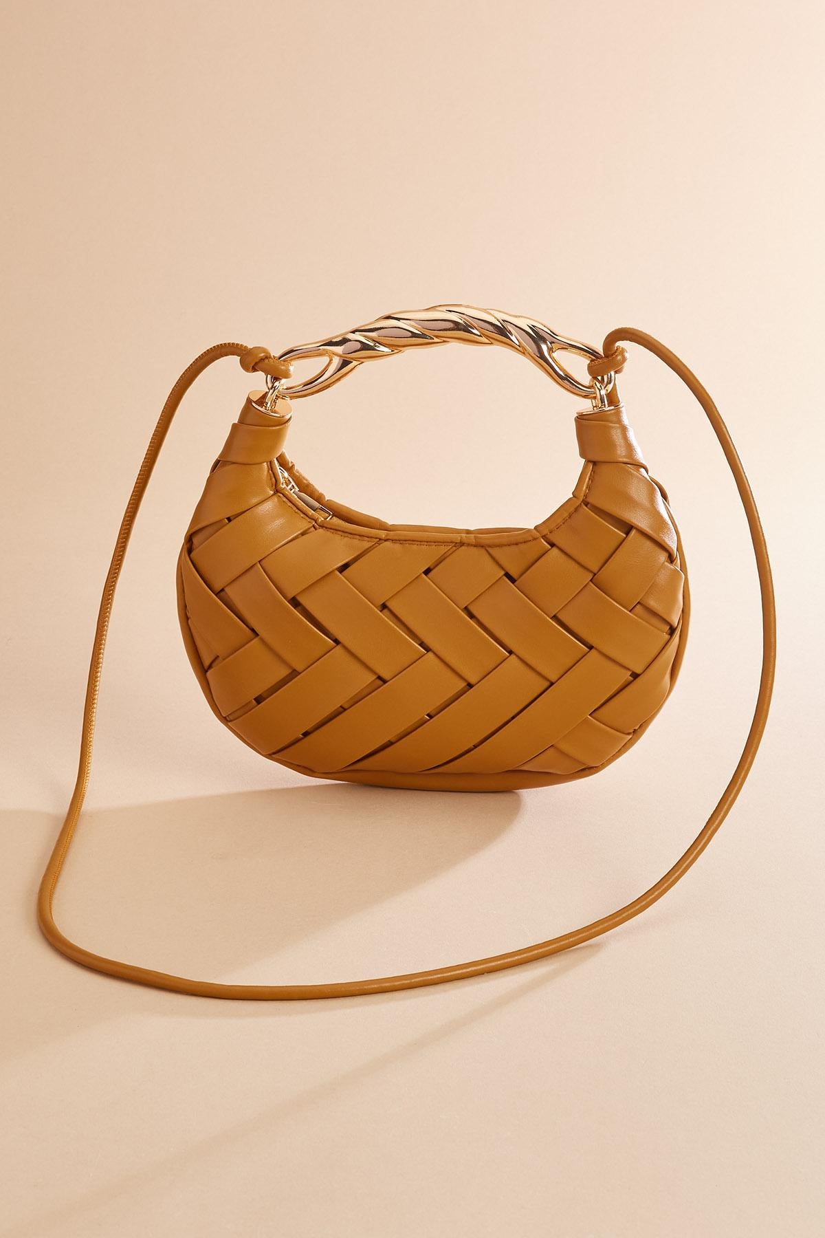Versona twisted gold handle woven crescent bag MOCHA_MOUSSE