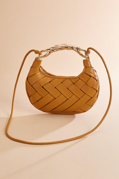 Versona twisted gold handle woven crescent bag MOCHA_MOUSSE