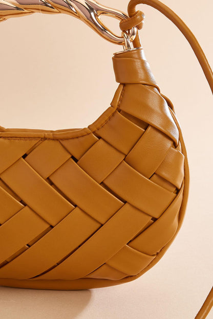 Versona twisted gold handle woven crescent bag MOCHA_MOUSSE
