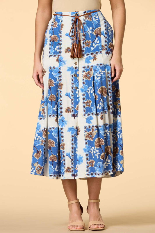 Versona iris blooms belted midi skirt BLUE_MULTI