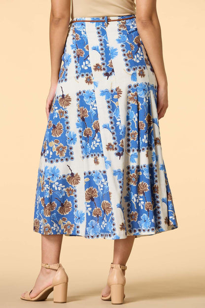 Versona iris blooms belted midi skirt BLUE_MULTI