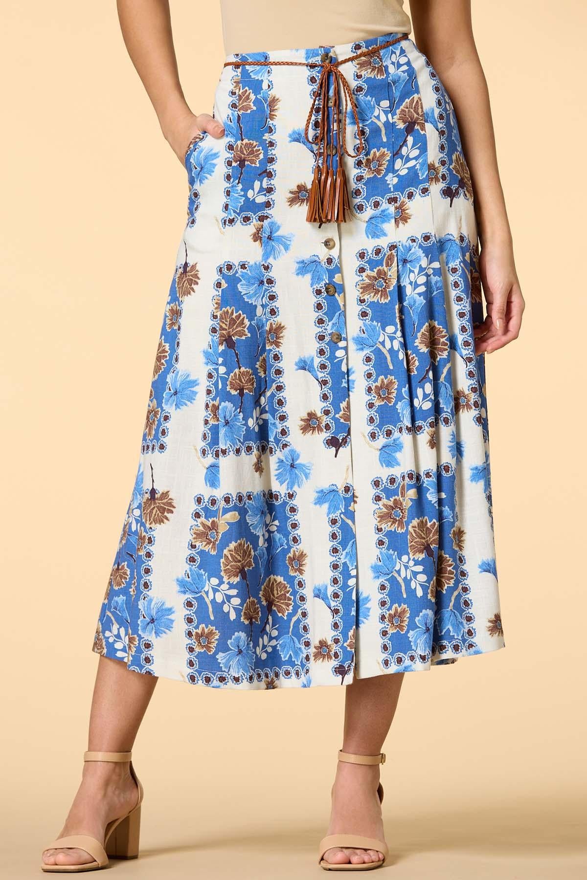 Versona iris blooms belted midi skirt BLUE_MULTI