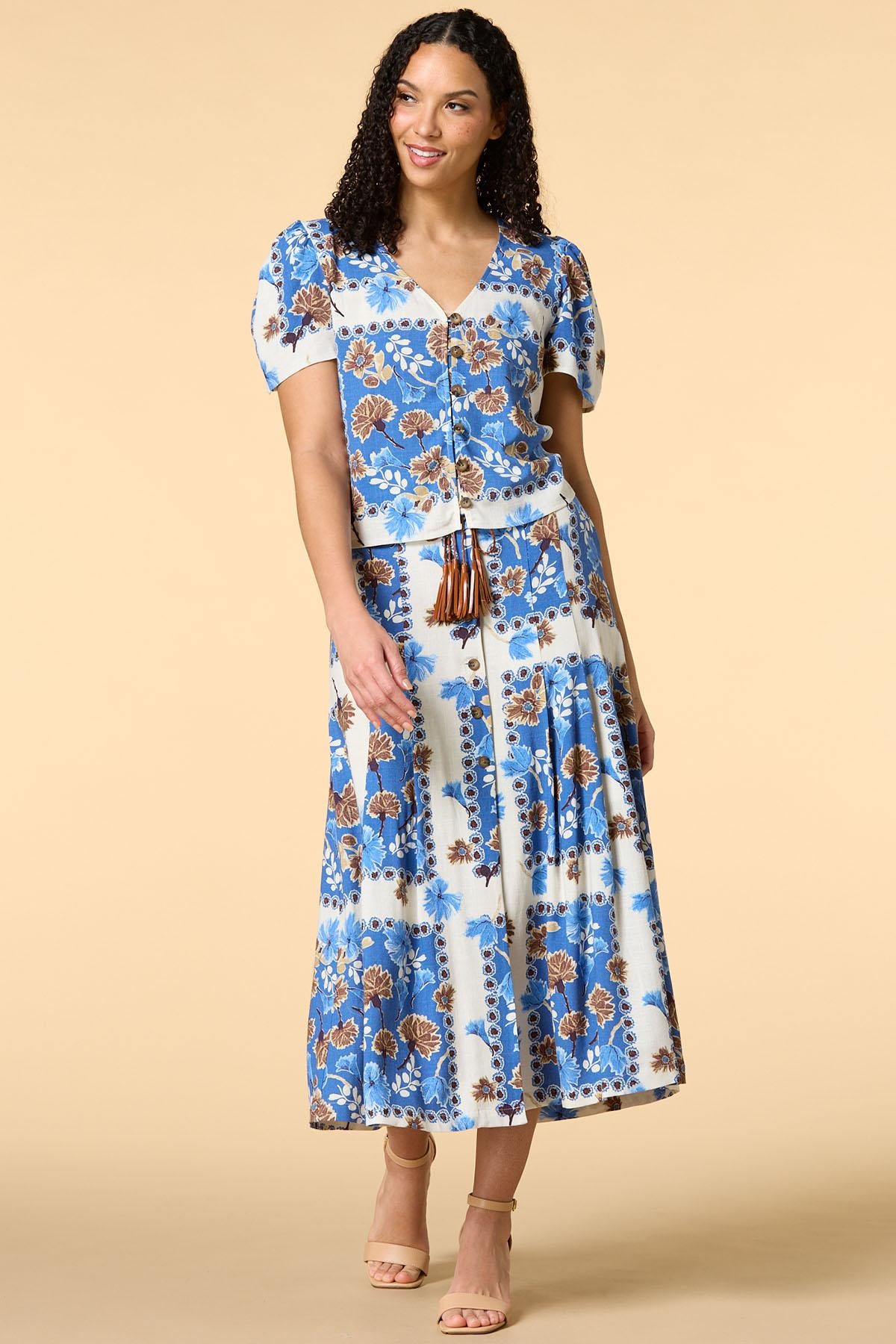 Versona iris blooms belted midi skirt BLUE_MULTI