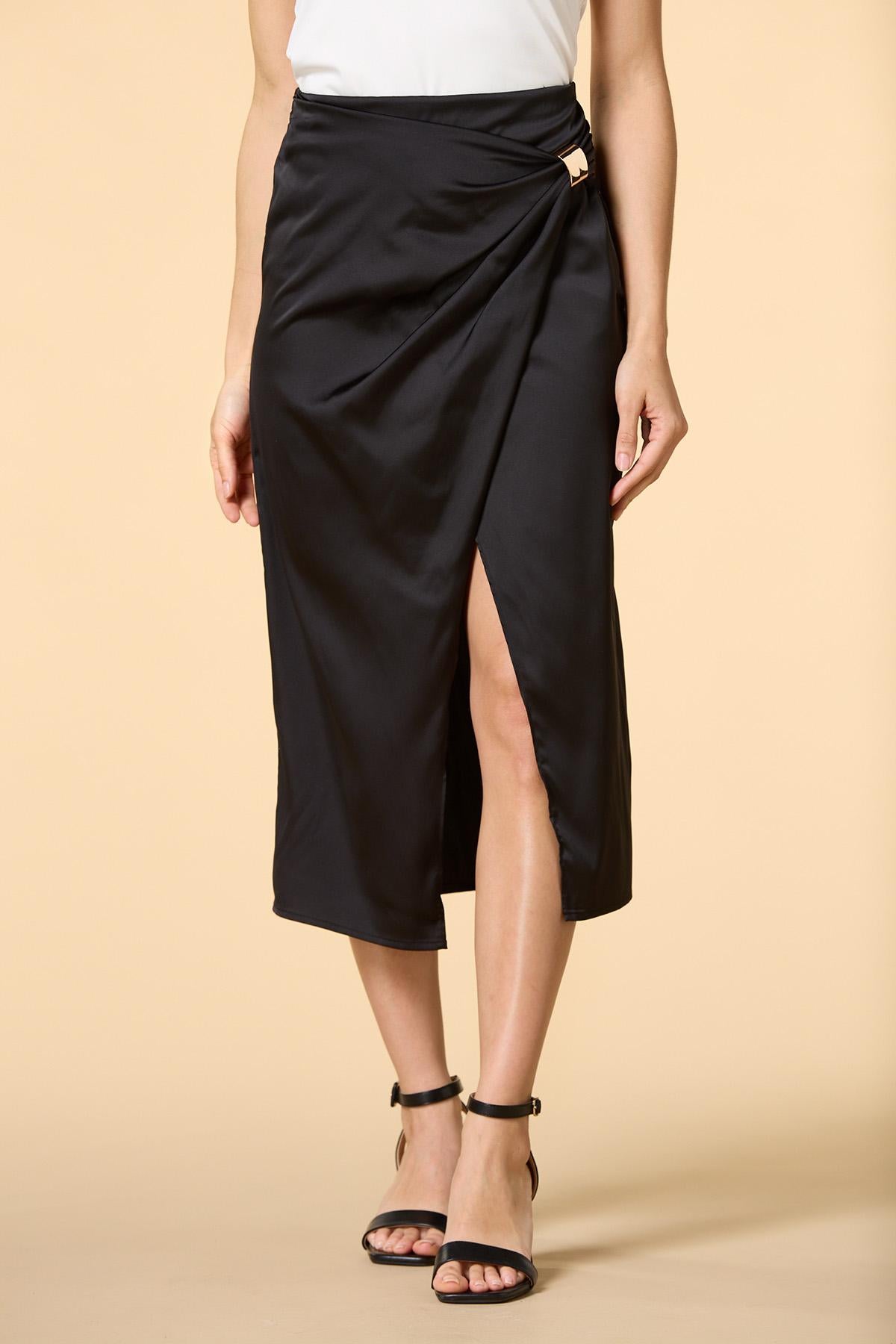 Versona sleek and chic satin midi skirt BLACK