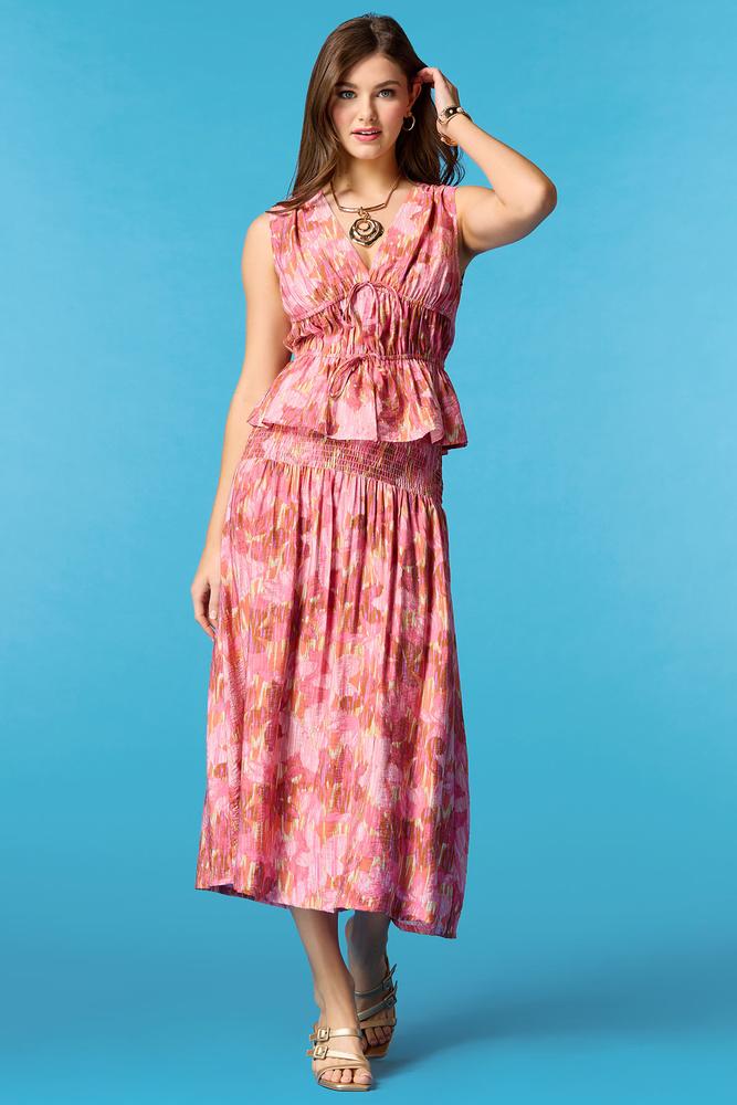 Versona watercolor blooms midi skirt REDPINK_MULTI