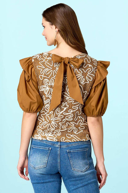 Versona drawing flowers soutache top CAMEL