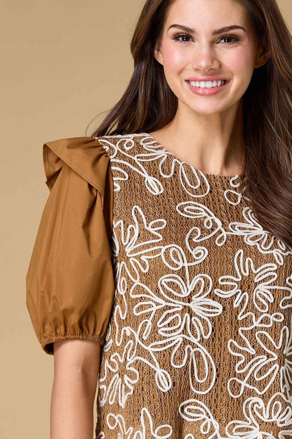 Versona drawing flowers soutache top CAMEL